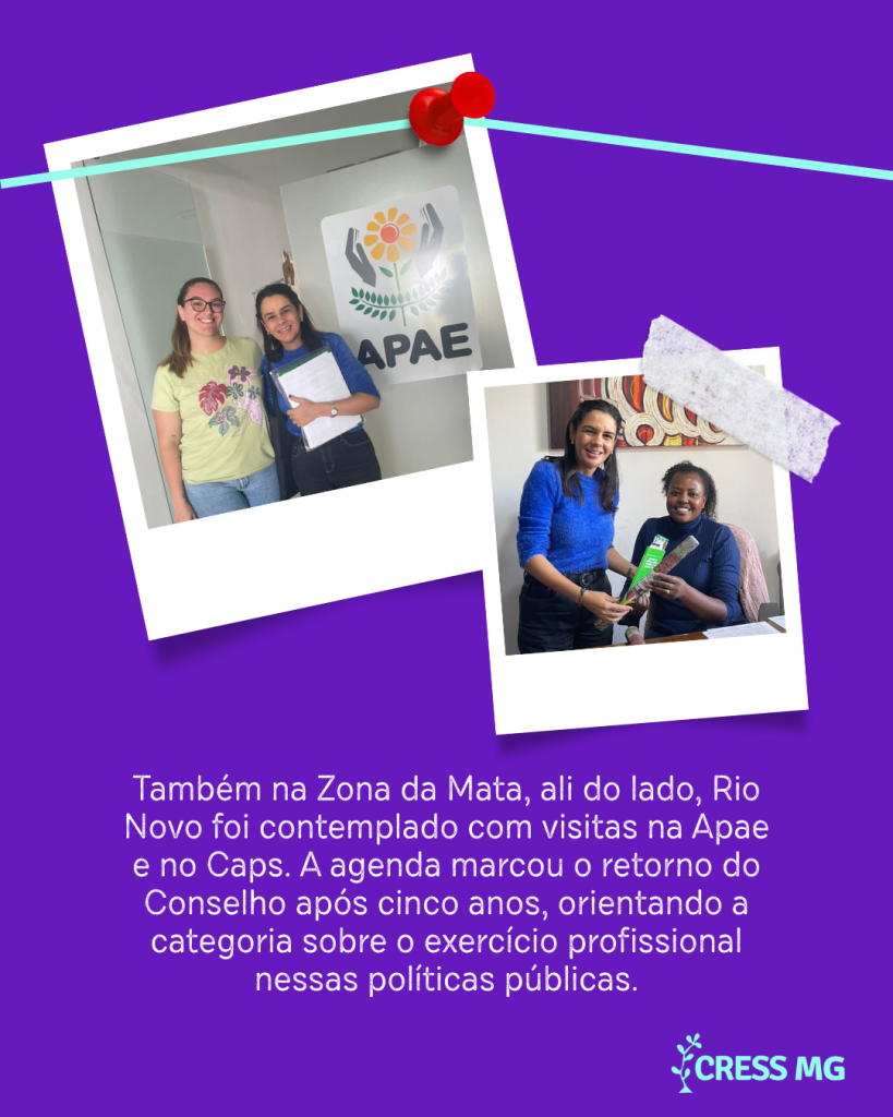 Profissionais em Rio Novo recebem equipe do CRESS-MG em visitas à APAE e ao CAPS com entrega de cartilhas.