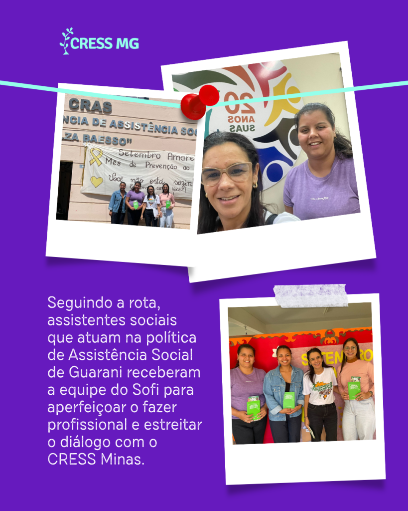 Assistentes sociais de Guarani recebem equipe do CRESS-MG em visitas ao CRAS e em ações de orientação profissional.