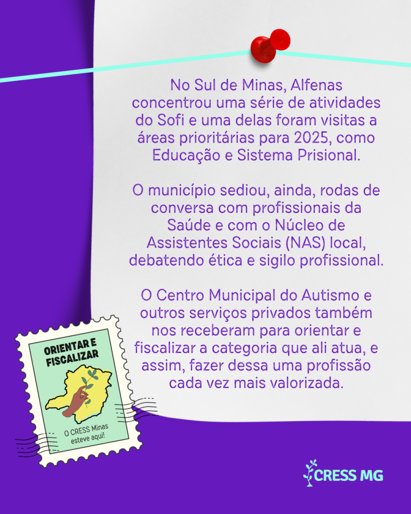 Texto informativo em fundo roxo apresenta atividades do CRESS-MG em Alfenas, com foco em Educação, Sistema Prisional e Saúde.