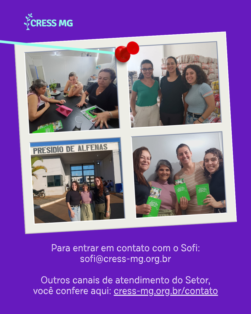 Colagem mostra visitas do CRESS-MG em Alfenas, incluindo presídio, reuniões e entrega de cartilhas a profissionais.